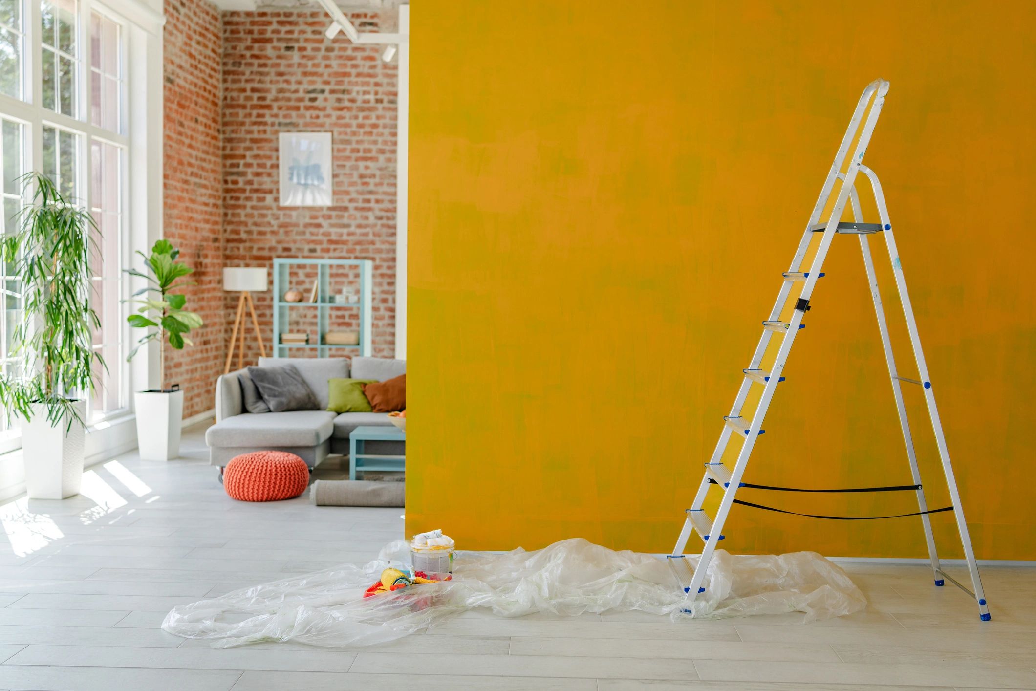 Freshly painted home interior with ladder